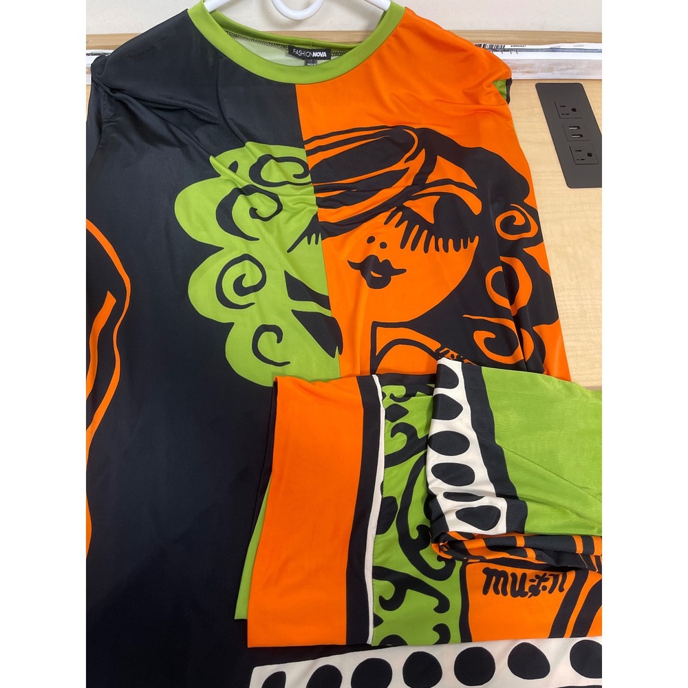 Fashion Nova 2 Piece Set Graphic Print Top Leggings Orange Green Black Multi